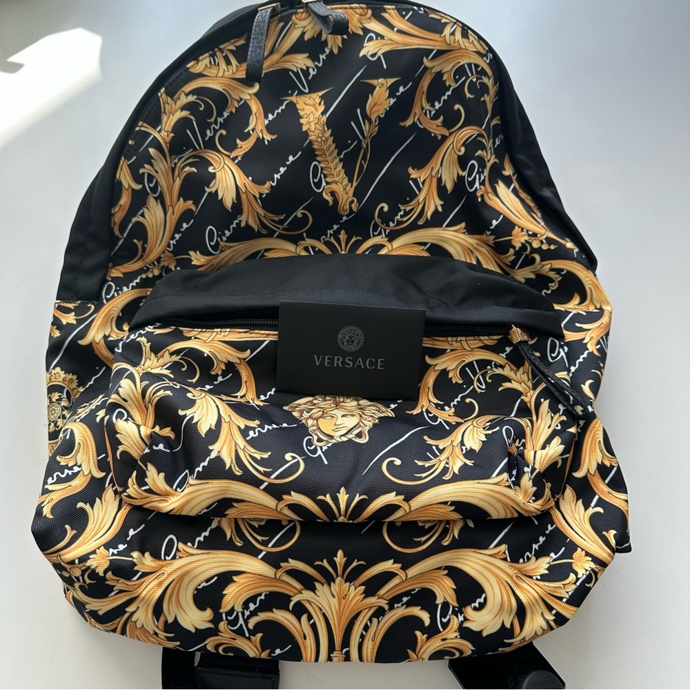 VERSACE Authentic Barocco Signature Print Backpack Bag Black Luxary